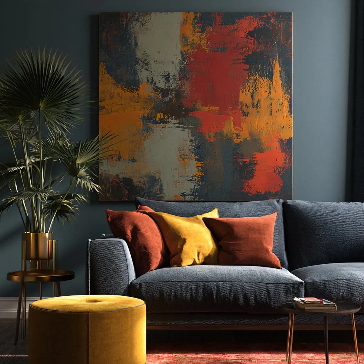 Hand-painted art styled into a designed living room