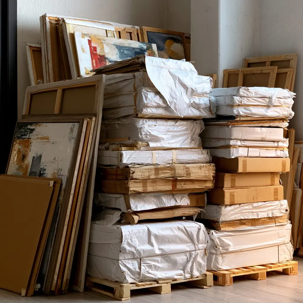 Framed hand-painted work packed in bulk, ready to ship to a development
