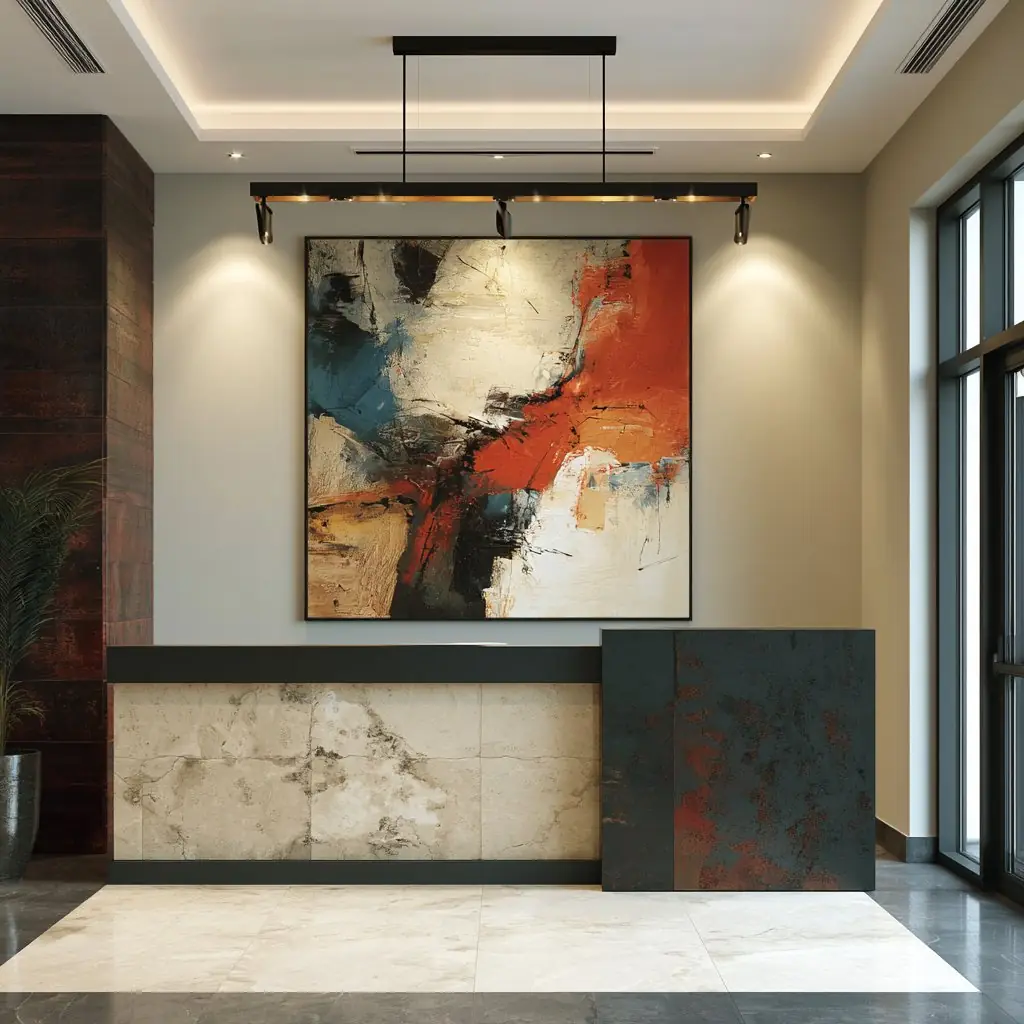 A development lobby and leasing entrance finished with hand-painted art