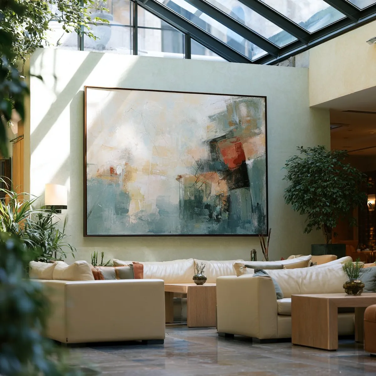 Hand-painted art in a hotel lobby, detail view